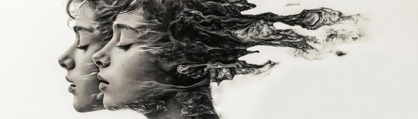 Fototapeta premium An artistic depiction of two profiles merging with flowing textures, symbolizing thoughts and emotions in motion.