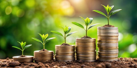 Growth of Investments Concept with Stacked Coins and Sprouting Plants in a Natural Garden Setting