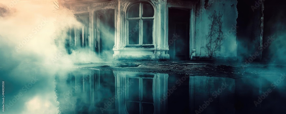Poster Mysterious landscape with an eerie reflection, fog surrounding a haunting, abandoned building, creating an atmospheric scene.