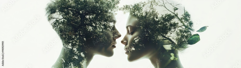 Poster an artistic portrayal of two profiles intertwined with greenery, symbolizing connection with nature 