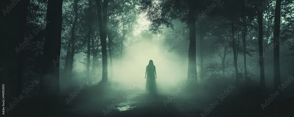 Poster a mysterious figure stands in a foggy forest, creating an eerie and captivating atmosphere, perfect 