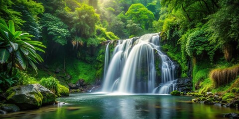Obraz premium A gentle waterfall cascades down a verdant slope, its misty veil suspended amidst a tapestry of emerald leaves and vibrant ferns.