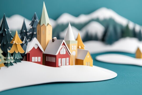 A charming winter landscape featuring colorful paper houses and snow-covered trees against a vibrant blue background.