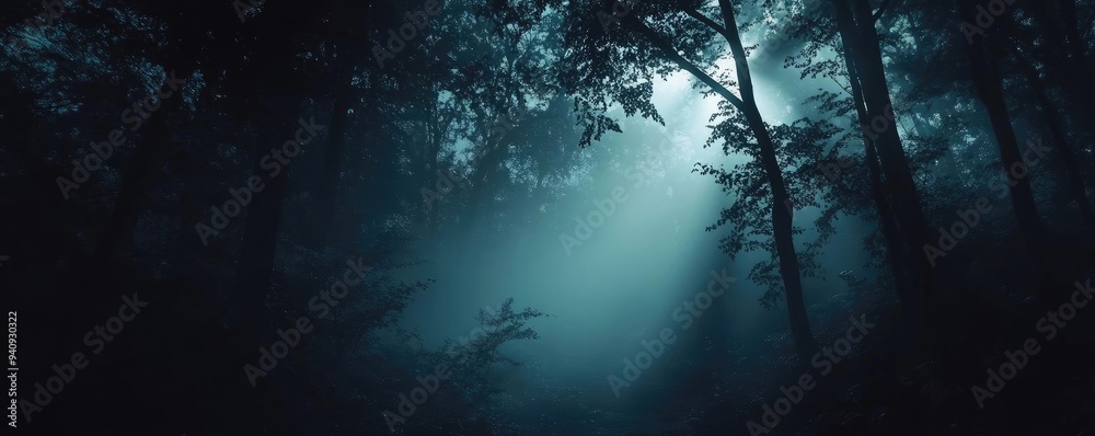 Poster Mysterious forest scene with soft light filtering through fog, creating an enchanting atmosphere of tranquility and wonder.