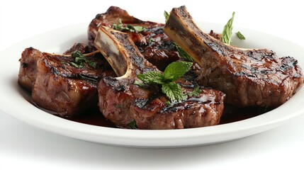 A plate of grilled lamb chops with a mint chimichurri sauce.