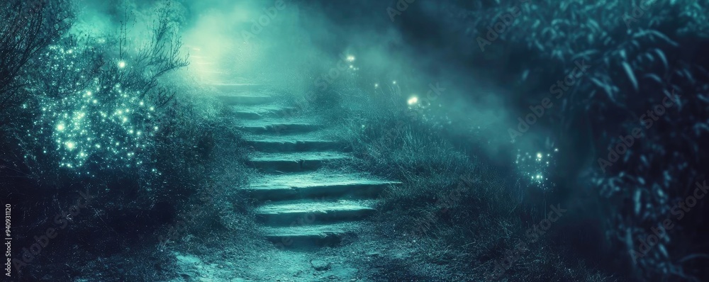 Aufkleber a mystical pathway illuminated by ethereal lights, inviting exploration into the enchanting forest d