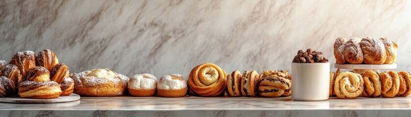 Fototapeta premium An appealing assortment of freshly baked pastries arranged on a marble countertop, showcasing delicious rolls and sweet treats.