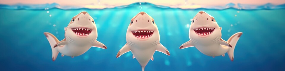 Naklejka premium Happy Cartoon Sharks Swimming Together