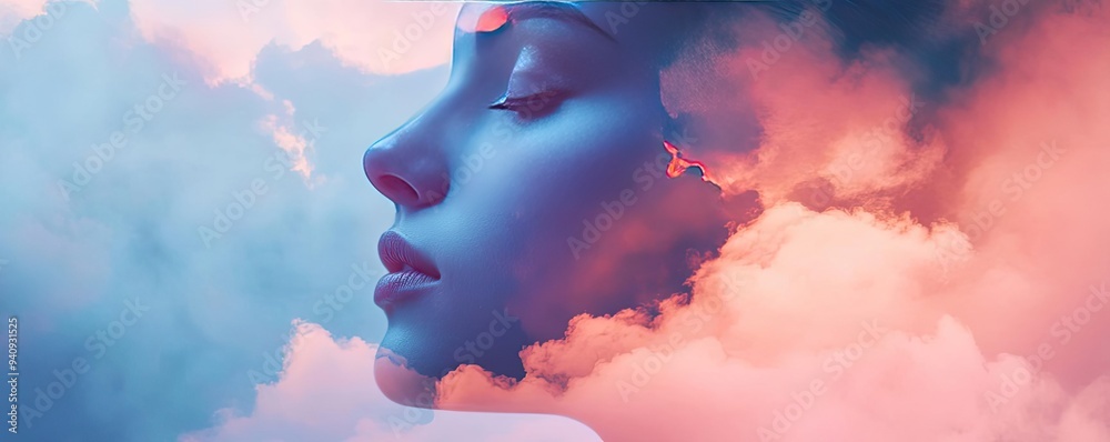 Poster A serene profile of a woman blended with soft, dreamy clouds, evoking tranquility and imagination in a captivating scene.