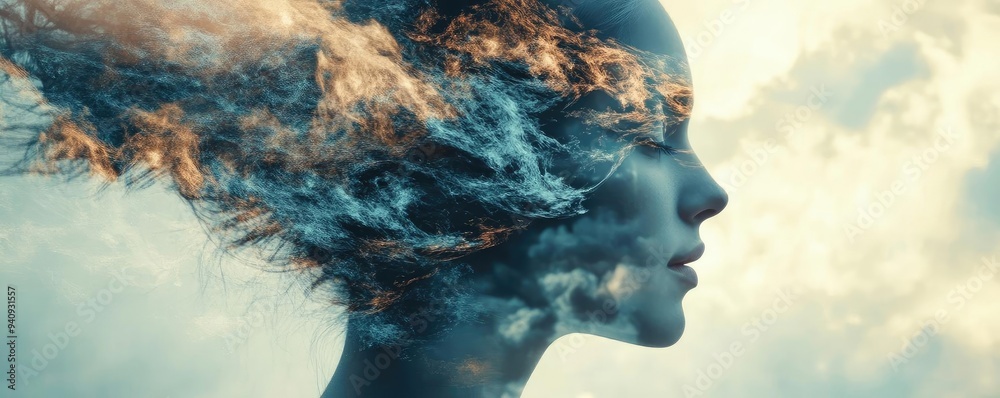 Poster surreal art piece depicting a woman's profile merging with abstract clouds and flames, symbolizing t