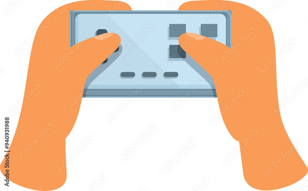 Poster pair of hands is playing a video game on a portable console, pressing buttons and navigating the dig