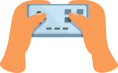 Pair of hands is playing a video game on a portable console, pressing buttons and navigating the digital world