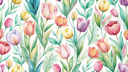 Seamless watercolor floral pattern with tulips and leaves in soft pastel hues, flowers, tulips, leaves, watercolor, seamless
