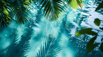 Top view, palm leaves over blue water. 