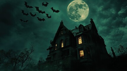 Fototapeta premium A sinister full moon night, bats in flight above a haunted house, with glowing windows adding to the eerie atmosphere.