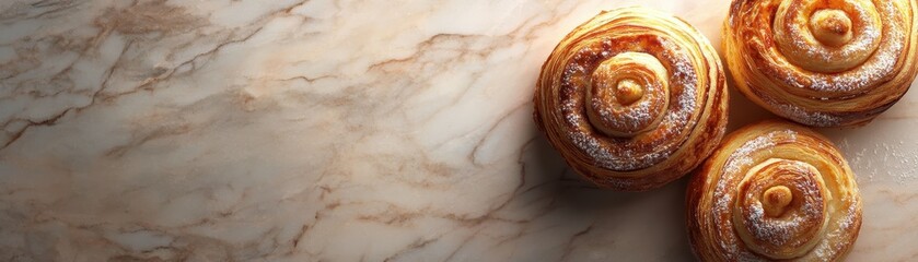 Obraz premium Freshly baked cinnamon rolls on a marble surface, perfect for breakfast or dessert, offering a warm and inviting aroma.