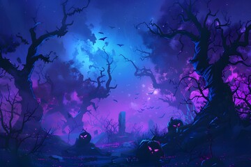 Eerie abandoned garden illustration with twisted trees and glowing Jack o'Lanterns under a blue and violet sky with bats. A dark, atmospheric spooky scene