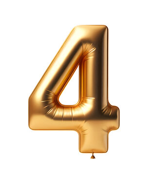 A golden balloon in the shape of the number 4 on a transparent background.