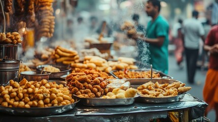 Fototapeta premium A street vendor serving freshly made Indian snacks at a busy street food market in India, ideal for Asia travel themes.
