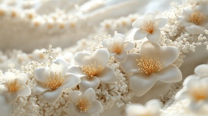 A close-up view of delicate white flowers with golden centers, surrounded by soft, textured...