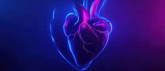 Naklejka premium A glowing, stylized heart symbolizing love and emotion, set against a vibrant blue and purple background.