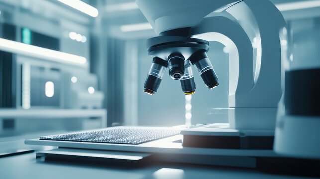 A high-tech microscope focusing on a glass slide in a modern laboratory, highlighting scientific research and innovation.