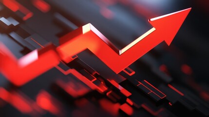 Red arrow pointing upwards symbolizing growth, success, and progress in business and investment on a black background.