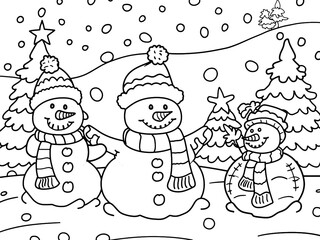 Cute snowman family in winter scene illustration. Raster, generative ai illustration.