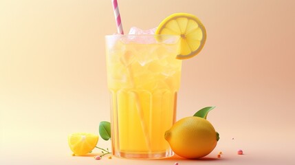 Fototapeta premium Refreshing lemon drink with ice and a slice of lemon, perfect for summer moments and vibrant gatherings.