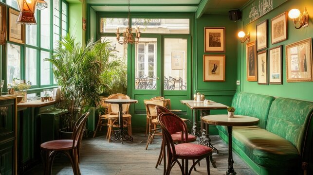 A stylish Paris cafe featuring vintage furniture and green tones, offering a relaxing and timeless setting.