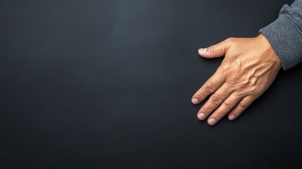 A hand resting on a dark surface, suggesting contemplation or preparation.