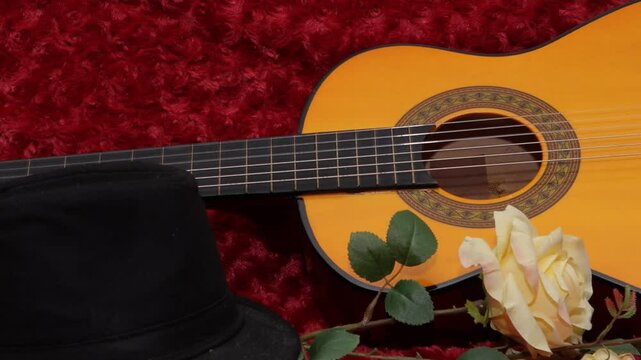 guitarra sombrero negro rosa amarilla fondo rojo 