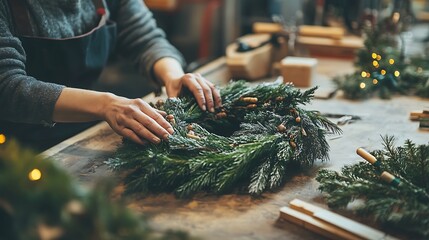A person's hands carefully adjusting a fresh evergreen wreath on a rustic wooden table.