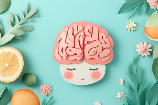 A playful illustration of a smiling brain surrounded by colorful fruits and flowers, symbolizing creativity and mental wellness.