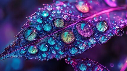  A tight shot of a purple-blue plant, adorned with water droplets on its leafy surface