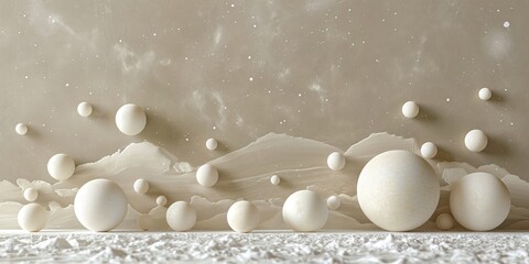 A serene microcosm scene featuring various white and ivory spheres against a textured beige background, creating an ethereal atmosphere
