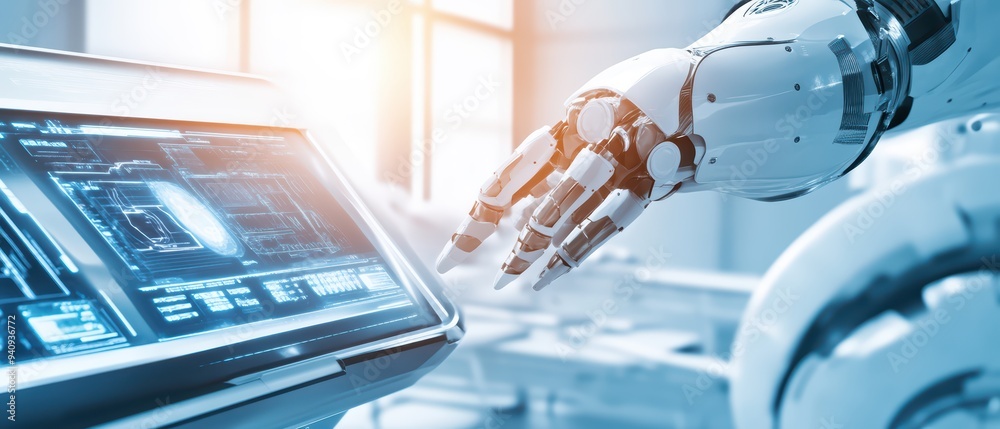 Poster a robotic hand interacts with a digital screen, showcasing advanced technology and innovation in aut
