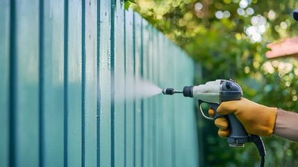 Painting a wooden fence with a paint sprayer.