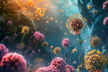 An illustration featuring various viruses and bacteria, highlighting their distinct forms and characteristics under a microscope, The delicate balance of the immune system, AI generated