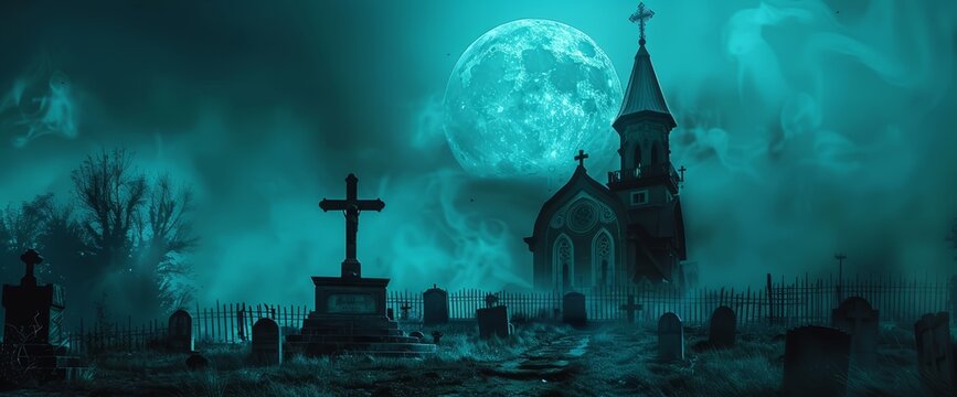 Haunted church with a graveyard at full moon. Scary Halloween and horror concept. Dark landscape at night.