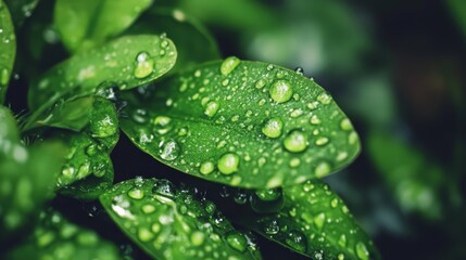  A tight shot of a verdant plant, with water beads adorning its foliage Foreground features prominently, showcasing wet leaves
