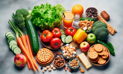 Fresh vegetables arranged alongside junk food items, highlighting the healthy choices over unhealthy options. Perfect for promoting healthy eating habits and nutrition awareness