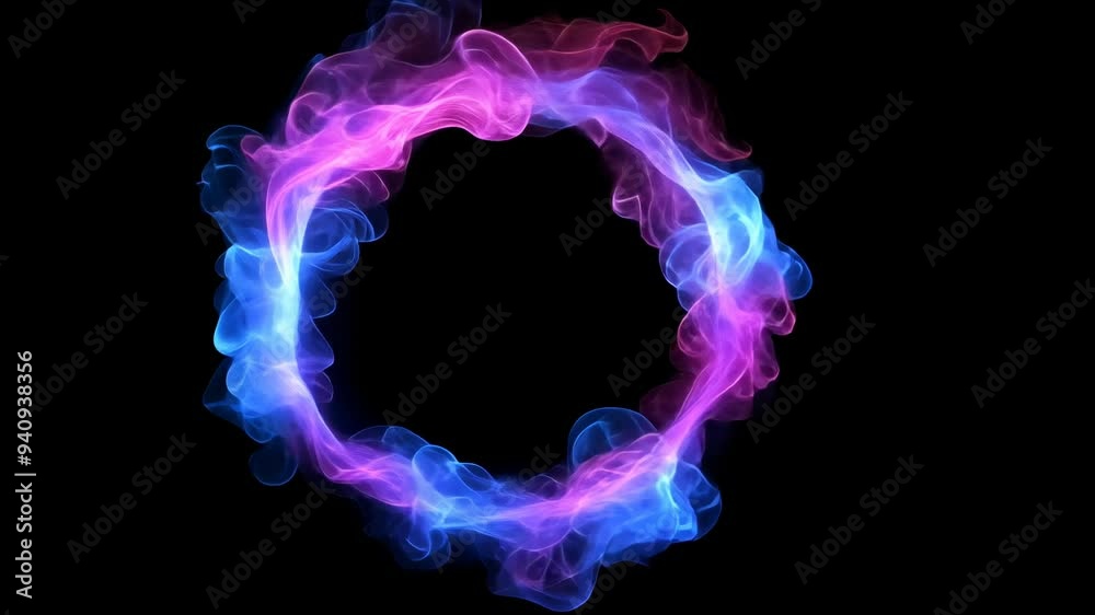 Poster particles of neon energy in a sphere over a dark background, using circular and loop frames, isolate
