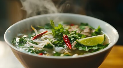 Close-up of a steaming bowl of Pho, with vibrant herbs, fresh lime, and chili peppers, served in a traditional Vietnamese setting