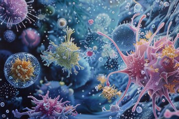 A diverse collection of viruses and bacteria, showcasing their unique shapes and sizes in a microscopic view, The delicate balance of the immune system, AI generated
