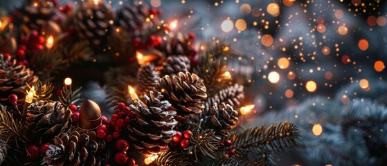 "Warm LED lights surrounding a holiday wreath made of pinecones and berries"