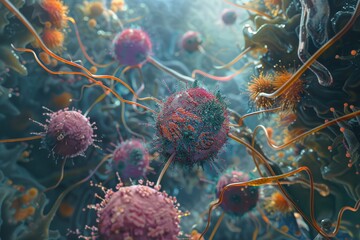 A visual representation of multiple viruses and bacteria, emphasizing their intricate structures and diversity in a microscopic setting, The delicate balance of the immune system, AI generated