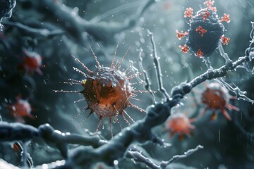 A detailed image displaying a group of viruses and bacteria, capturing their unique appearances and microscopic details, The delicate balance of the immune system, AI generated