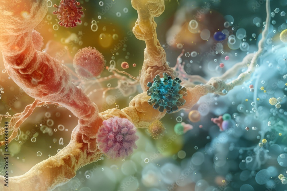Poster a detailed image displaying a group of viruses and bacteria, capturing their unique appearances and 