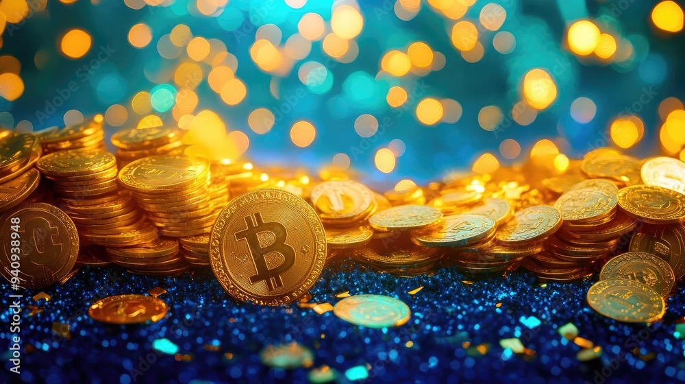 Poster a dazzling display of golden coins featuring bitcoin, surrounded by vibrant bokeh lights, symbolizin